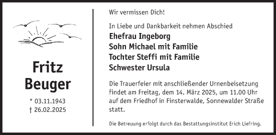 Traueranzeige von Fritz Beuger von WochenKurier