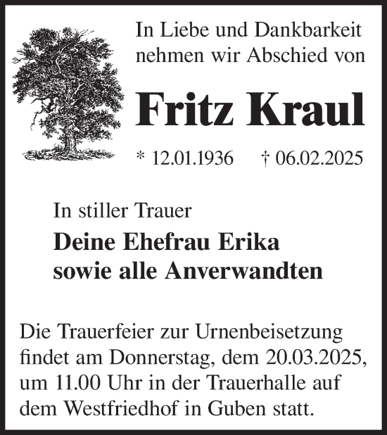 Traueranzeige von Fritz Kraul von WochenKurier