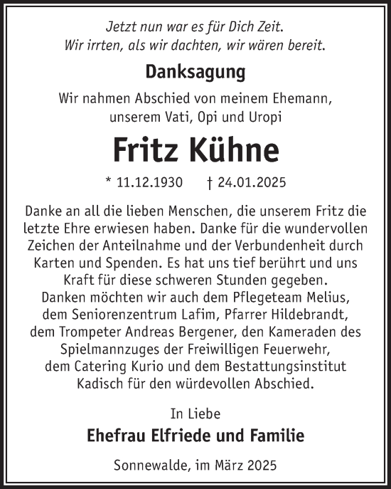 Traueranzeige von Fritz Kühne von WochenKurier