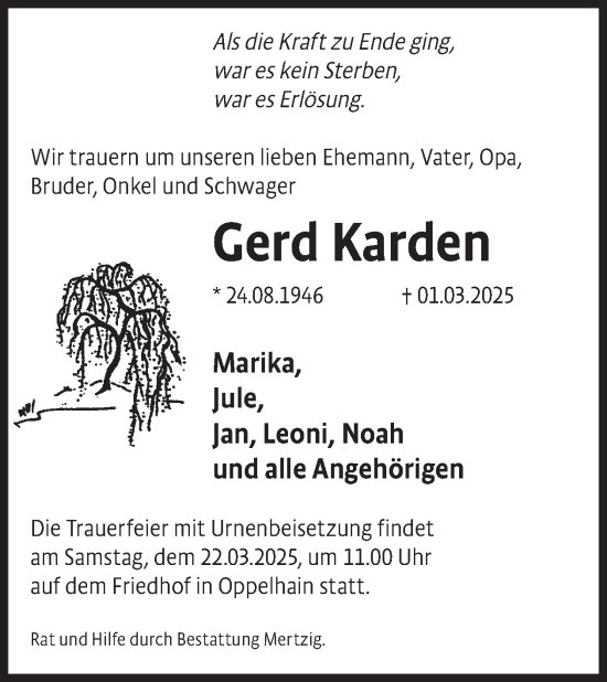 Traueranzeige von Gerd Karden von WochenKurier