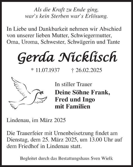 Traueranzeige von Gerda Nicklisch von WochenKurier