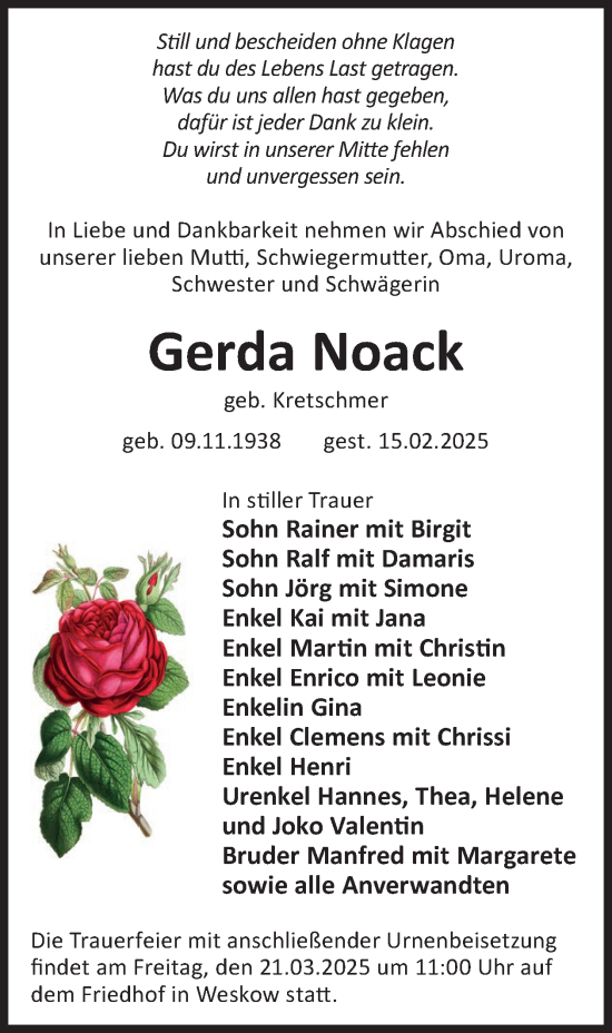 Traueranzeige von Gerda Noack von WochenKurier