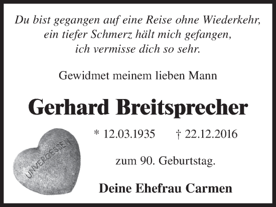 Traueranzeige von Gerhard Breitsprecher von WochenKurier