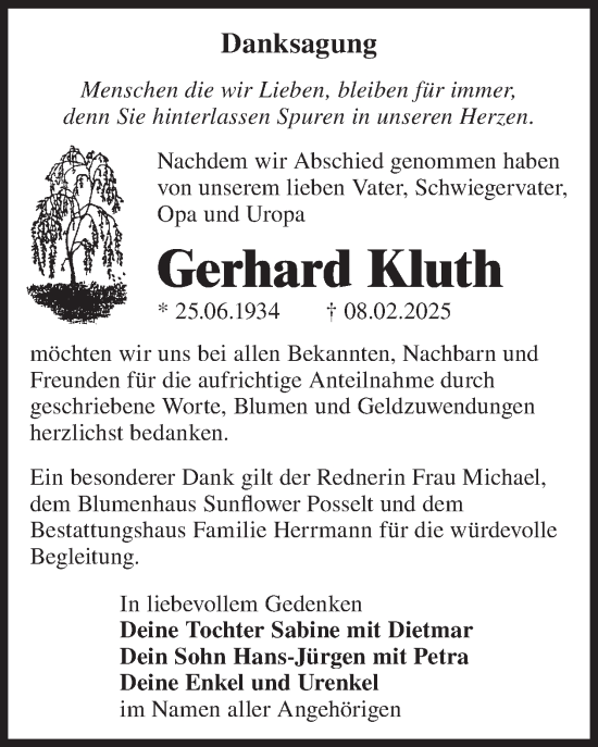 Traueranzeige von Gerhard Kluth von WochenKurier