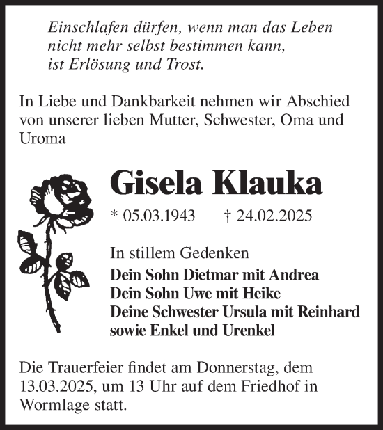 Traueranzeige von Gisela Klauka von WochenKurier