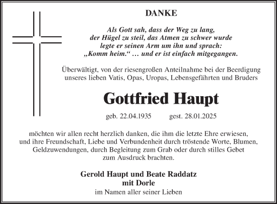 Traueranzeige von Gottfried Haupt von WochenKurier