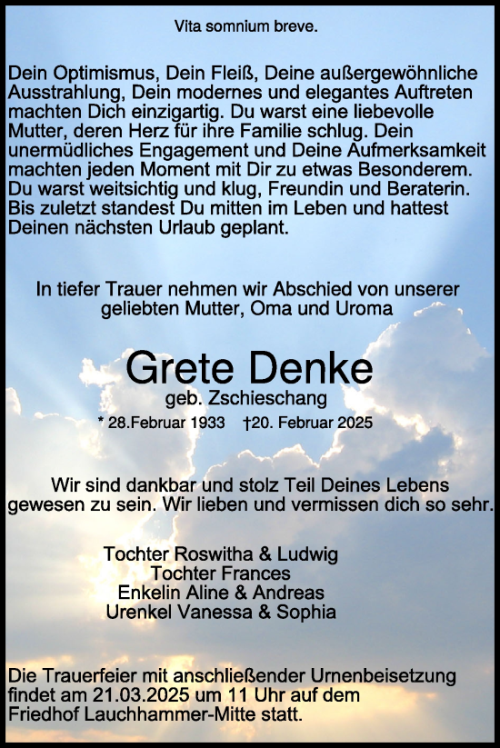 Traueranzeige von Grete Denke von WochenKurier