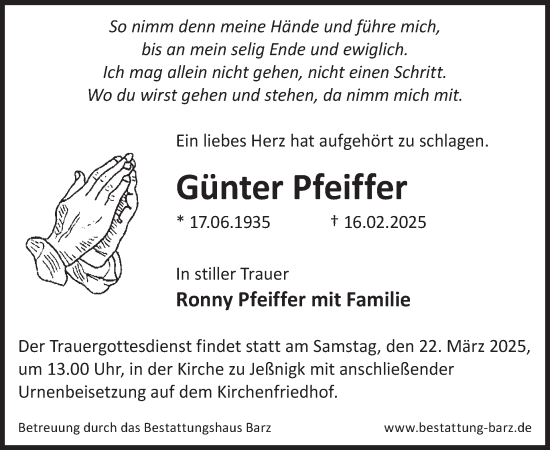 Traueranzeige von Günter Pfeiffer von WochenKurier