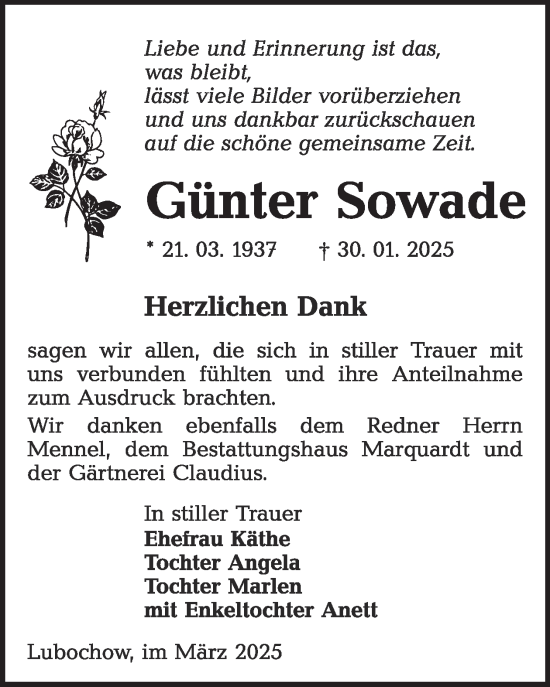 Traueranzeige von Günter Sowade von WochenKurier