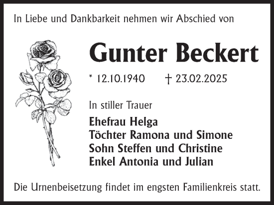 Traueranzeige von Gunter Beckert von WochenKurier