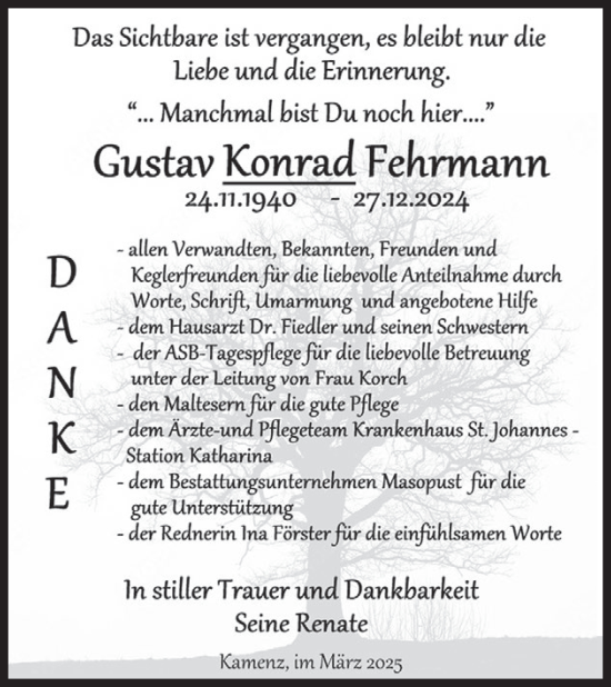 Traueranzeige von Gustav Konrad Fehrmann von WochenKurier