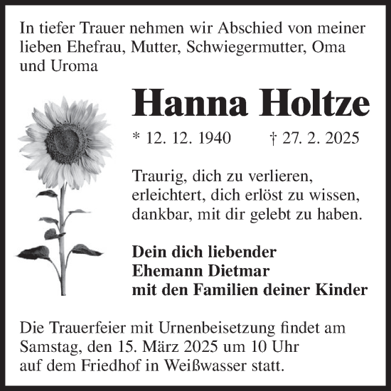 Traueranzeige von Hanna Holtze von WochenKurier