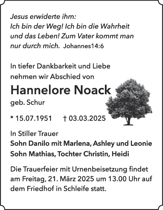 Traueranzeige von Hannelore Noack von WochenKurier