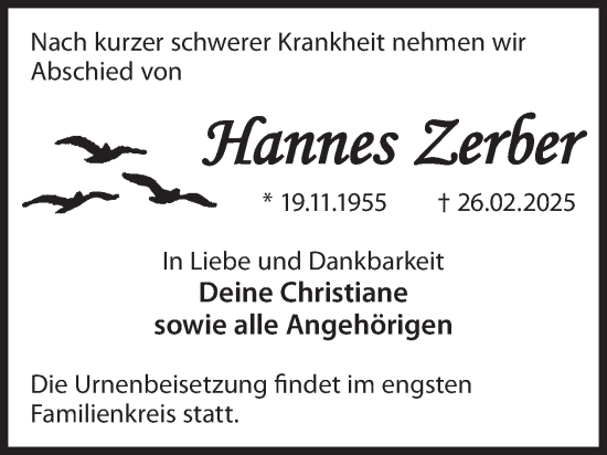 Traueranzeige von Hannes Zerber von WochenKurier