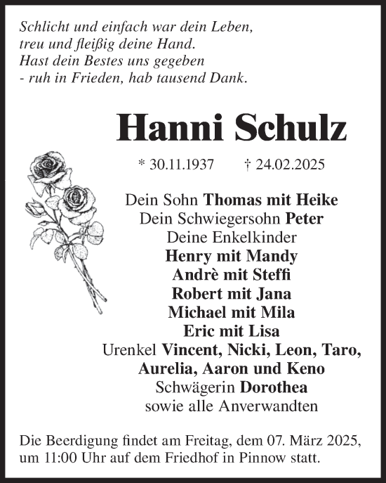 Traueranzeige von Hanni Schulz von WochenKurier