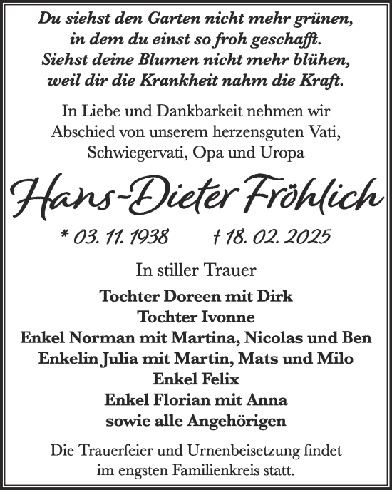 Traueranzeige von Hans-Dieter Fröhlich von WochenKurier