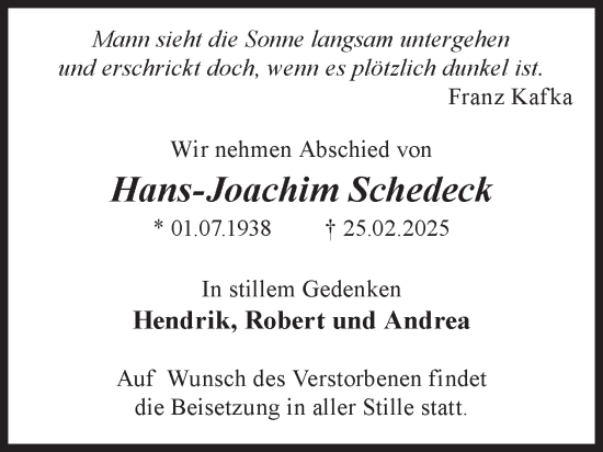 Traueranzeige von Hans-Joachim Schedeck von WochenKurier