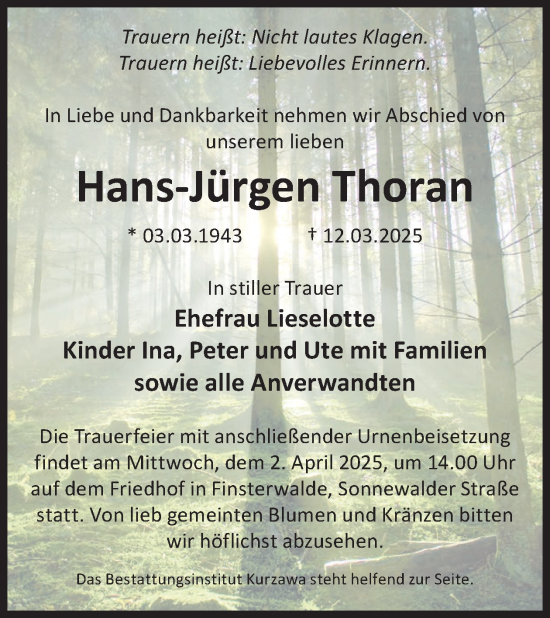 Traueranzeige von Hans-Jürgen Thoran von WochenKurier