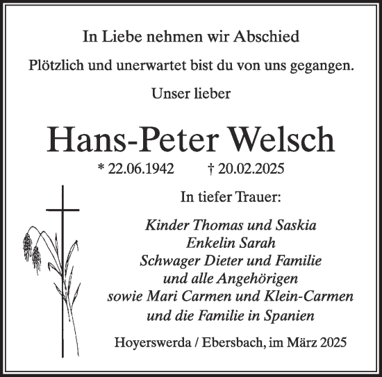 Traueranzeige von Hans-Peter Welsch von WochenKurier