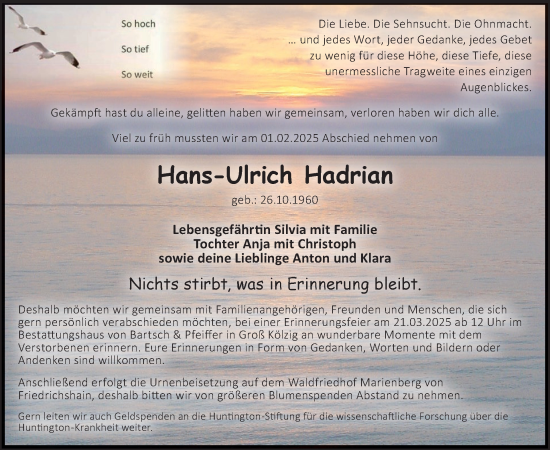 Traueranzeige von Hans-Ulrich Hadrian von WochenKurier