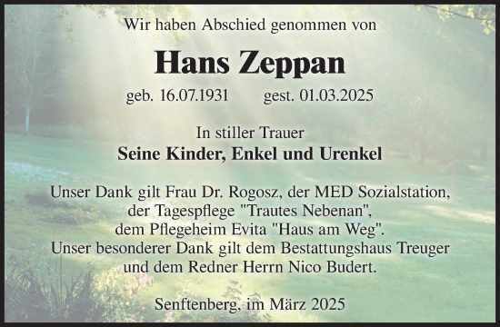 Traueranzeige von Hans Zeppan von WochenKurier