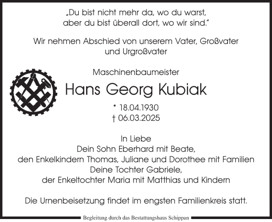 Traueranzeige von Hans Georg Kubiak von WochenKurier