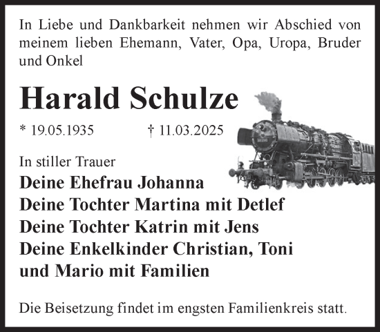 Traueranzeige von Harald Schulze von WochenKurier