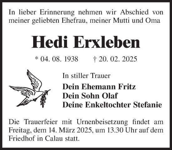 Traueranzeige von Hedi Erxleben von WochenKurier