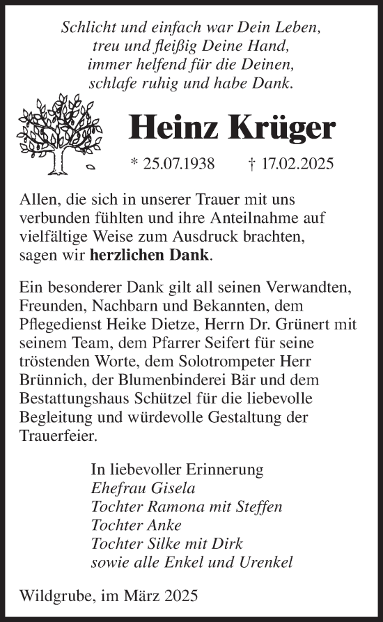 Traueranzeige von Heinz Krüger von WochenKurier