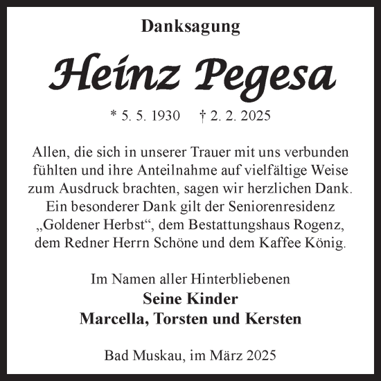 Traueranzeige von Heinz Pegesa von WochenKurier