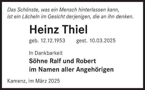 Traueranzeige von Heinz Thiel von WochenKurier