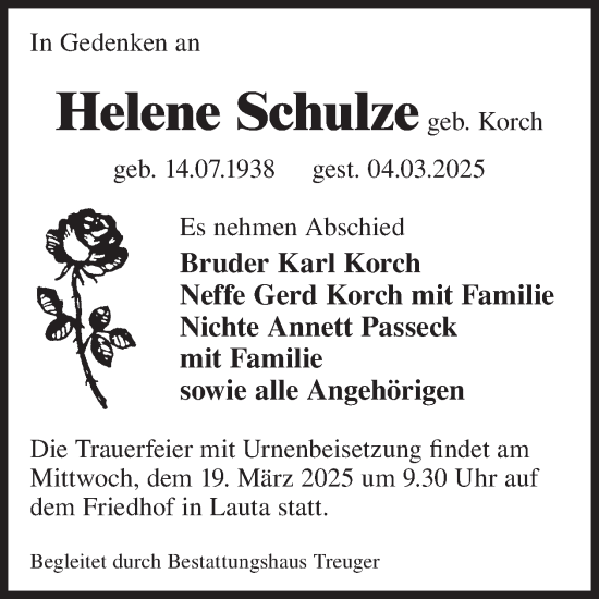 Traueranzeige von Helene Schulze von WochenKurier