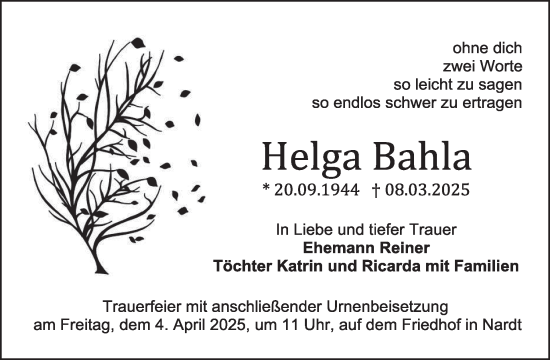 Traueranzeige von Helga Bahla von WochenKurier