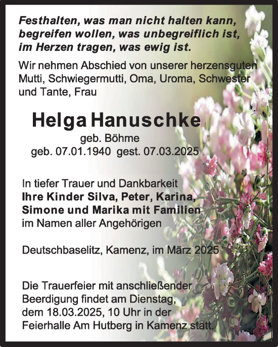 Traueranzeige von Helga Hanuschke von WochenKurier