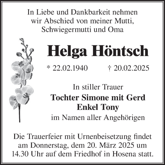 Traueranzeige von Helga Höntsch von WochenKurier