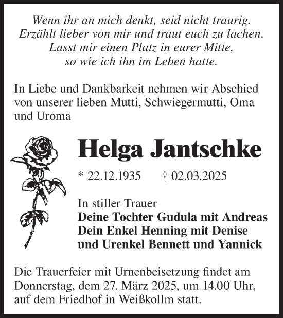 Traueranzeige von Helga Jantschke von WochenKurier