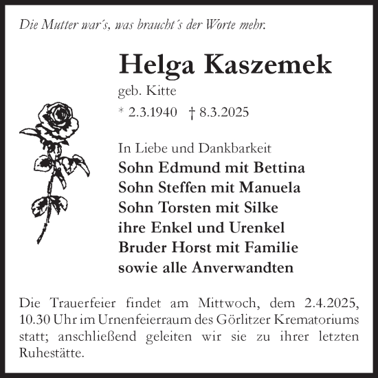 Traueranzeige von Helga Kaszemek von WochenKurier