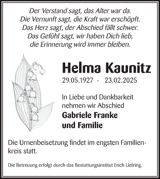 Traueranzeige von Helma Kaunitz von WochenKurier