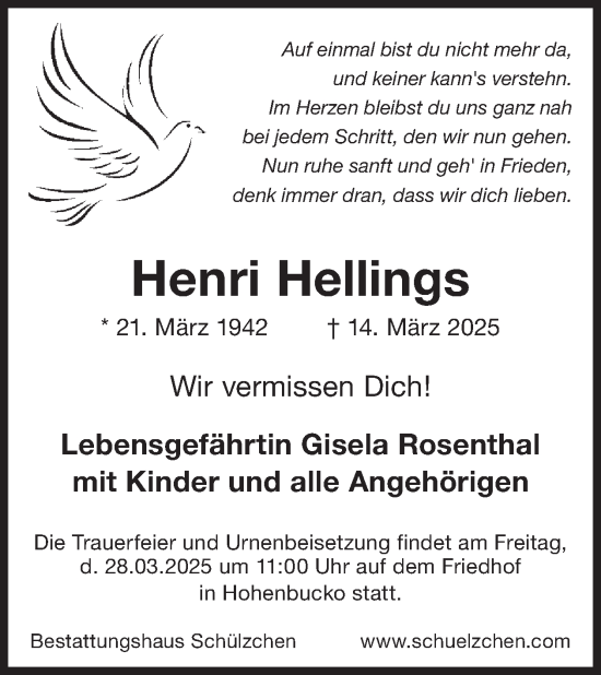 Traueranzeige von Henri Hellings von WochenKurier