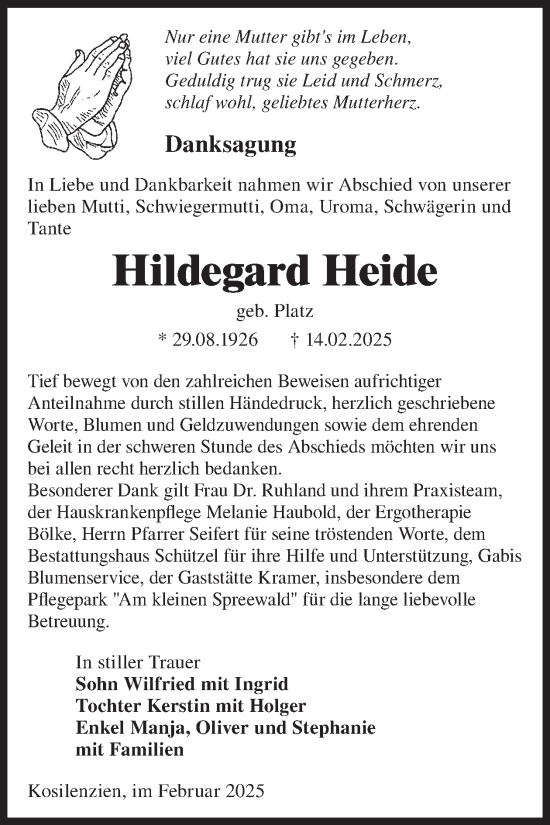 Traueranzeige von Hildegard Heide von WochenKurier