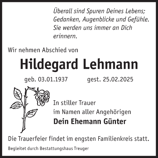 Traueranzeige von Hildegard Lehmann von WochenKurier