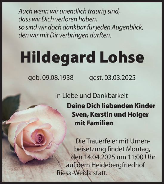 Traueranzeige von Hildegard Lohse von WochenKurier