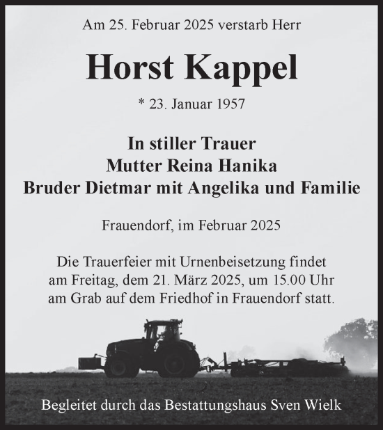 Traueranzeige von Horst Kappel von WochenKurier