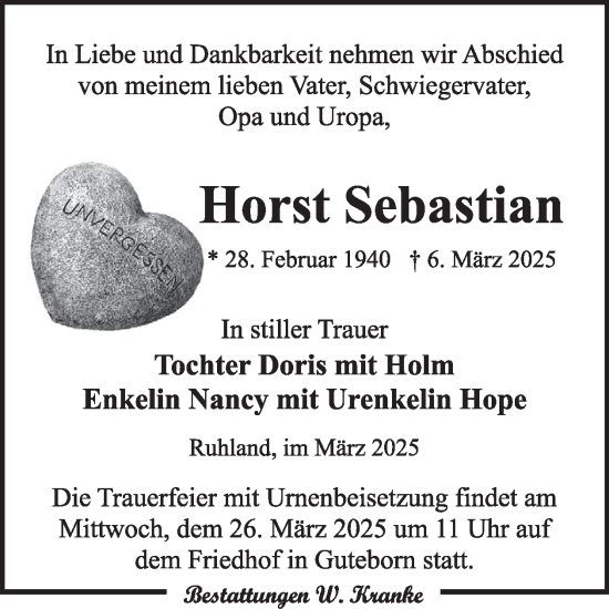 Traueranzeige von Horst Sebastian von WochenKurier