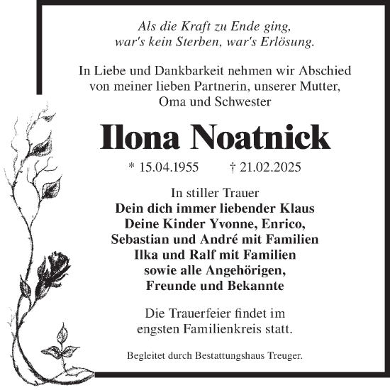 Traueranzeige von Ilona Noatnick von WochenKurier