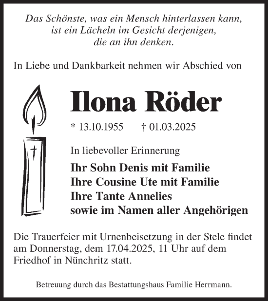 Traueranzeige von Ilona Röder von WochenKurier