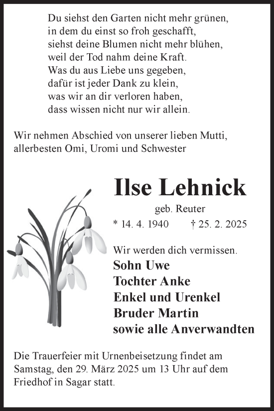 Traueranzeige von Ilse Lehnick von WochenKurier