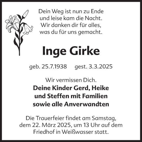 Traueranzeige von Inge Girke von WochenKurier