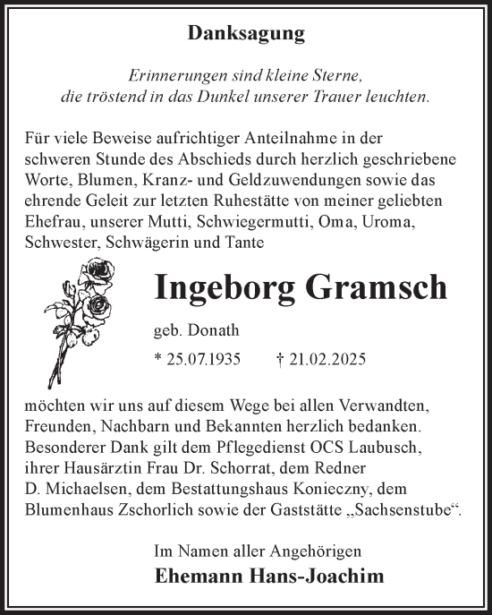 Traueranzeige von Ingeborg Gramsch von WochenKurier