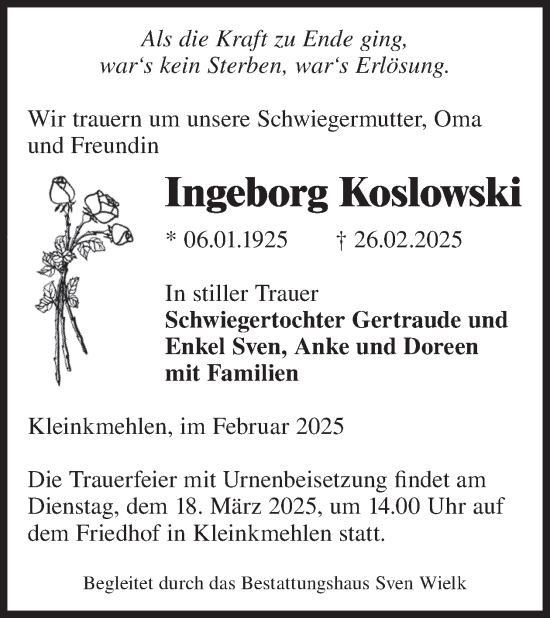 Traueranzeige von Ingeborg Koslowski von WochenKurier